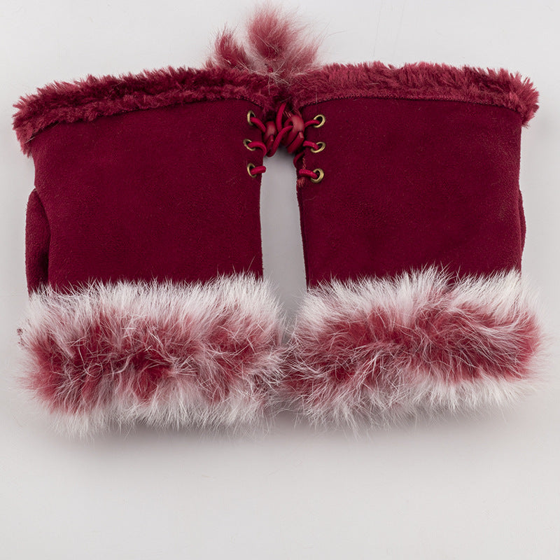 Rabbit Fur Half-finger Gloves Winter Warm Ladies Keyboard