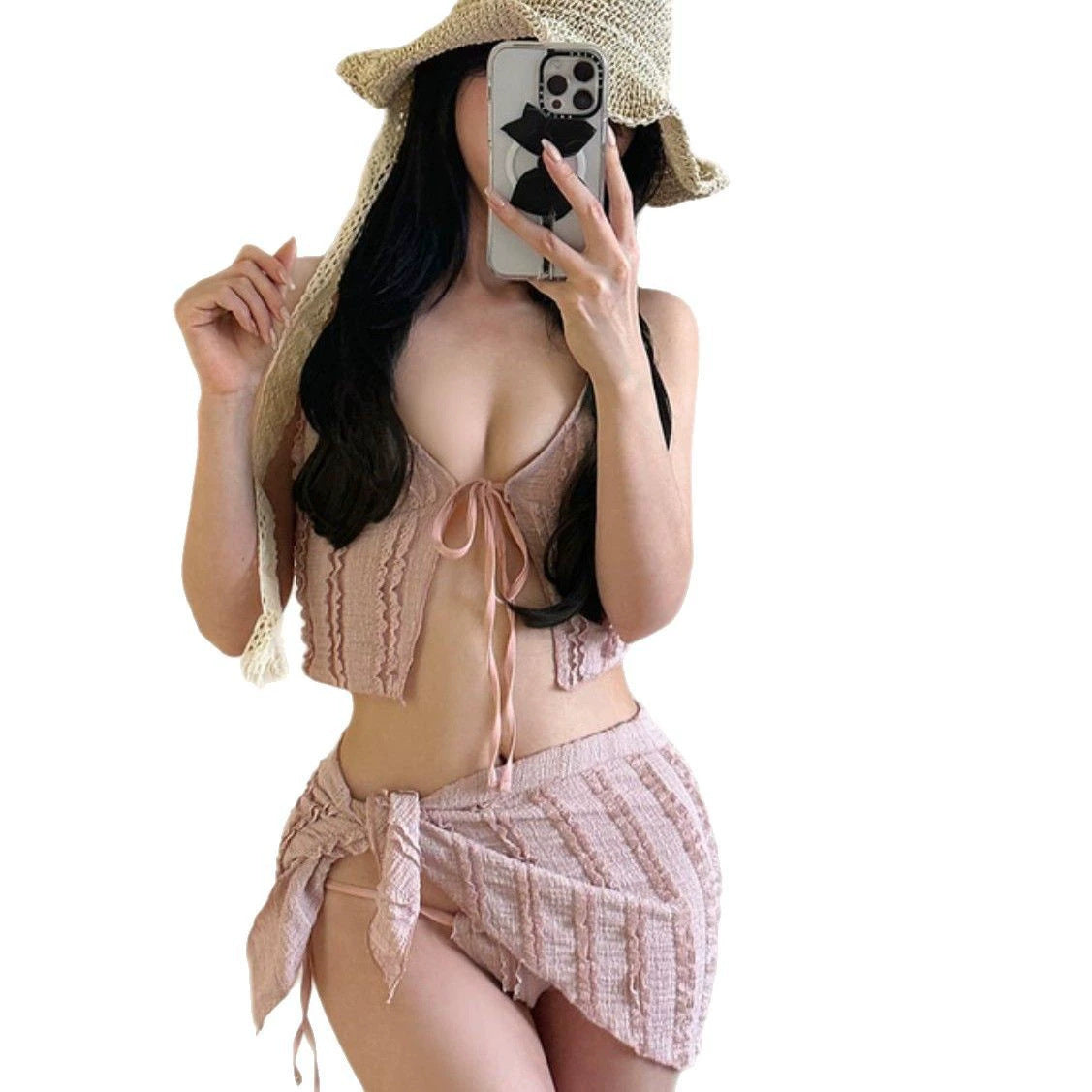 Solid-Color Strappy High-End Bikini Three-Piece Set