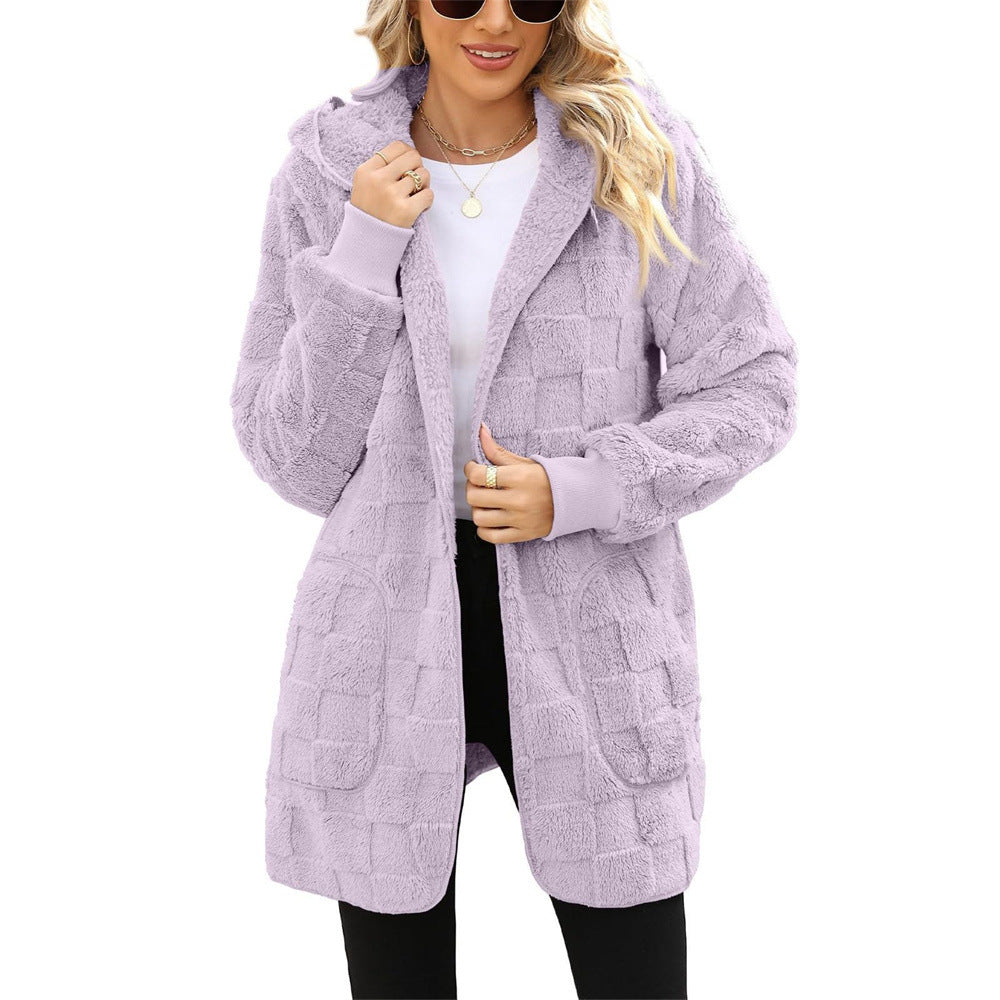 Cardigan Plaid Jacquard Hooded Pocket Plush Cardigan Jacket