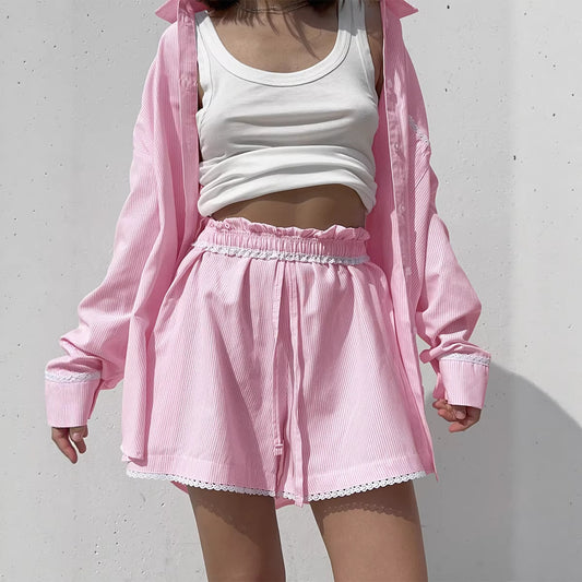 Fashionable Casual Lace-trimmed Shirt And Shorts Set For Women