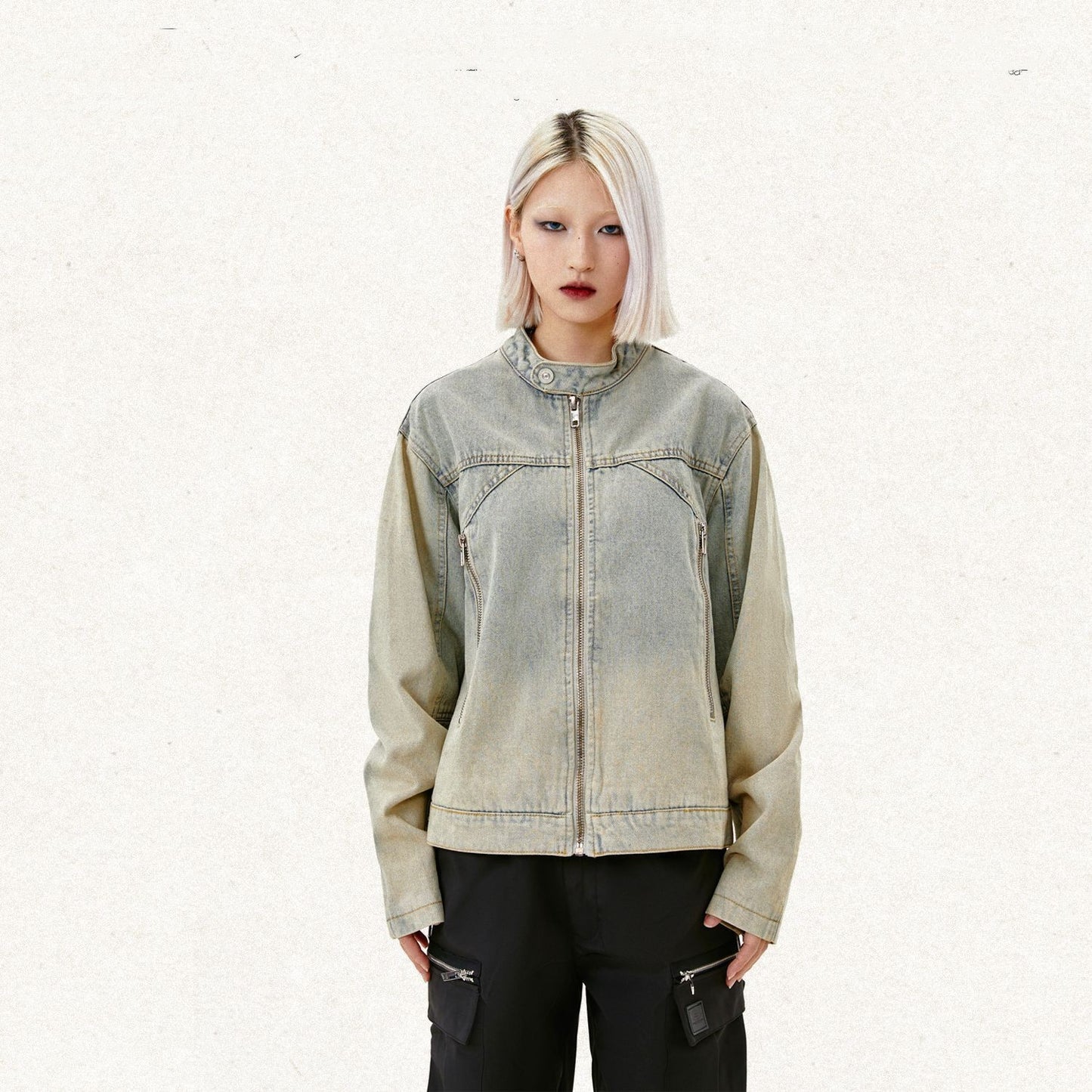Washed Distressed Denim Jacket With Half Turtleneck Zipper