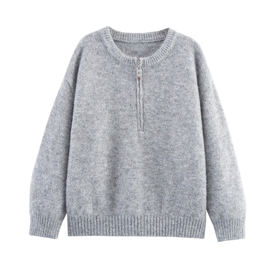 Round Neck Half Long-sleeve Zipper Top Short Skirt Knitting Suit