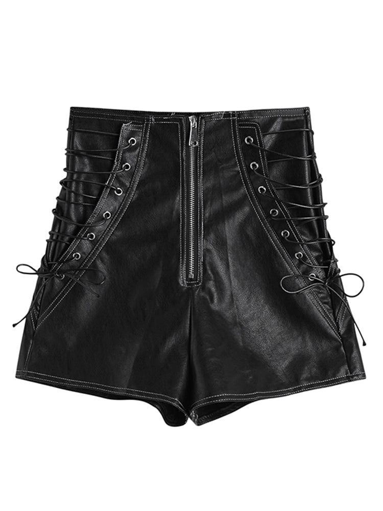 Retro højtaljede shorts i PU-læder med snøre til kvinder