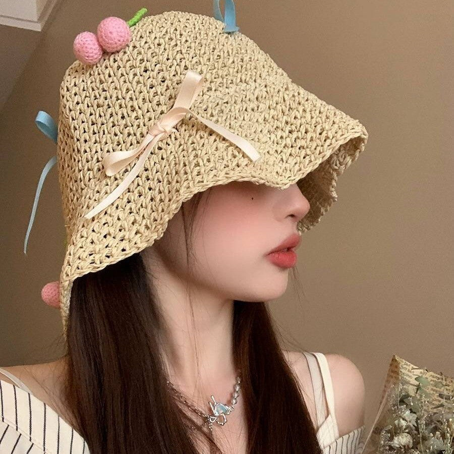 Sweet All-matching Woven Straw Hat Female Seaside Sun-proof Bucket Hat