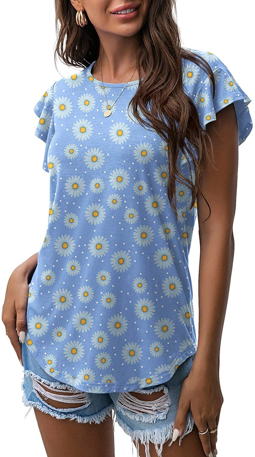 Women's Round Neck Printed Ruffled Short Sleeve T-shirt