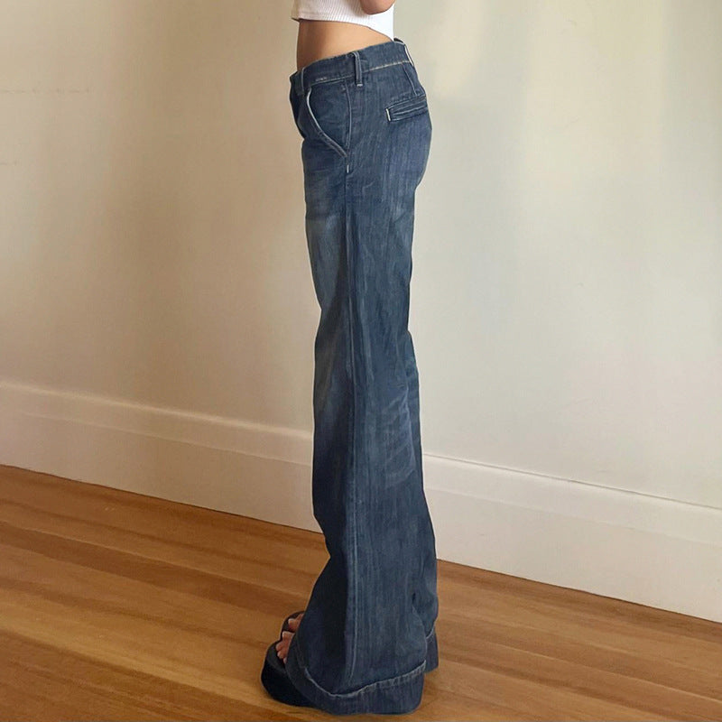Women's Low Waist Washed Wear-white Blue Jeans All-matching Straight