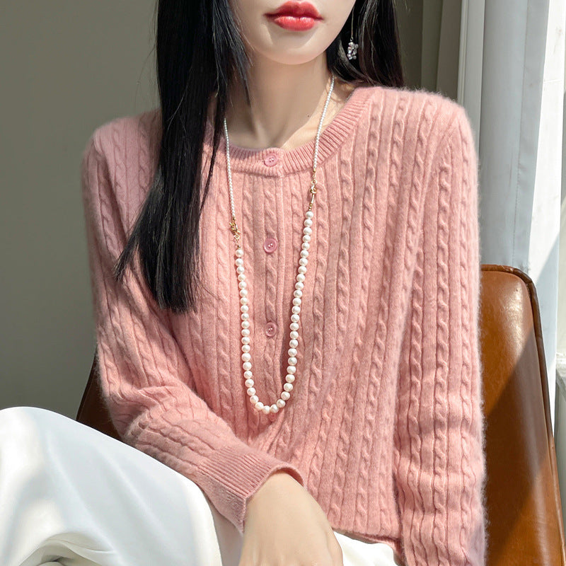 Women's Round Neck Wool Cardigan Twisted Wool Sweater