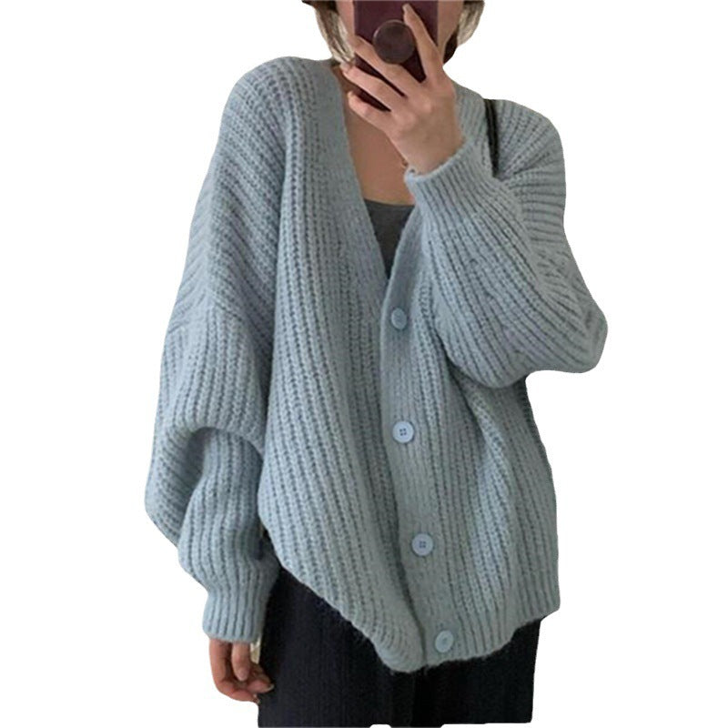 V-neck Knitted Cardigan Women's Thick Needle Loose Sweater