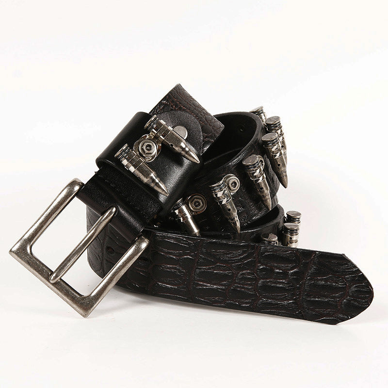 New Hip Hop Punk Rock Metal Bullet Inlaid Men's First Layer Cowhide Belt Special Decoration Belt