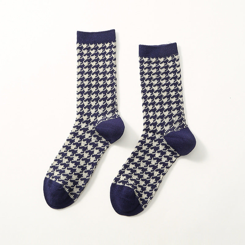 Autumn And Winter New Vintage Floral Women's Socks Rhombic Love Double Needle Cotton Socks Thermal Middle Tube Socks