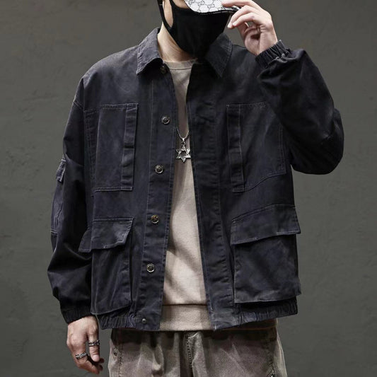 Loose-fitting Trendy Vintage Denim Jacket With Multiple Pockets
