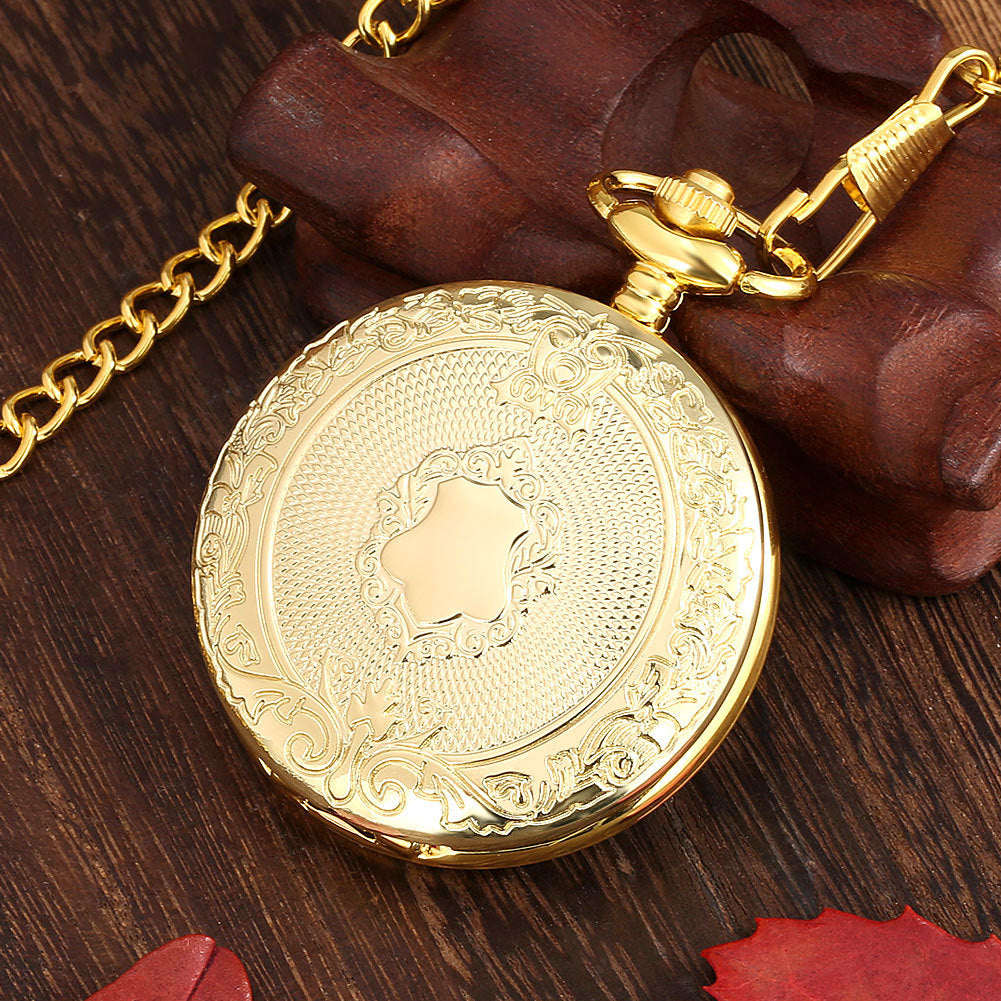 Golden Carved Shield Pattern Large Pocket Watch Roman Quartz Watch