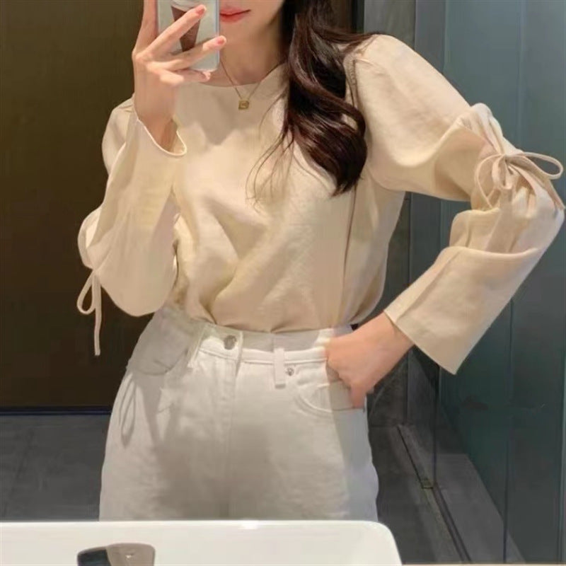 Lace-up Solid Color Gentle And All-match Round Neck Long Sleeve Shirt