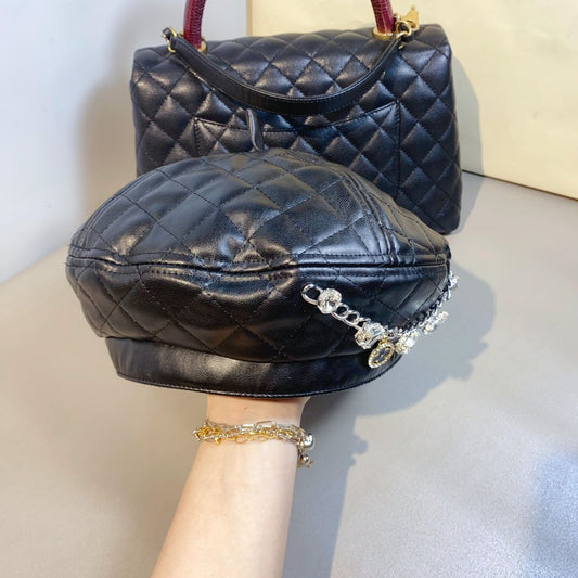 Artificial Leather Diamond Plaid Beret Street