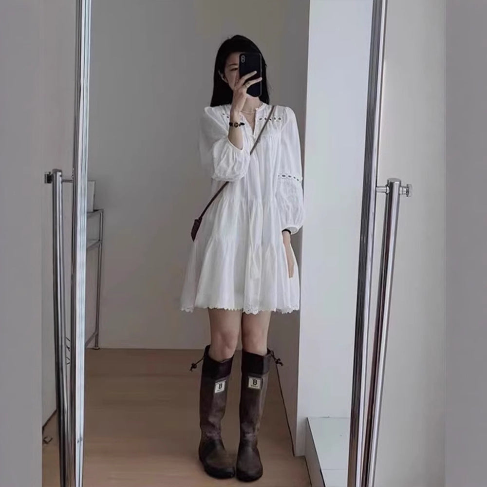 Womens Ethnic-Style Hollowed-Out French-Style Patchwork Long-Sleeve Dress