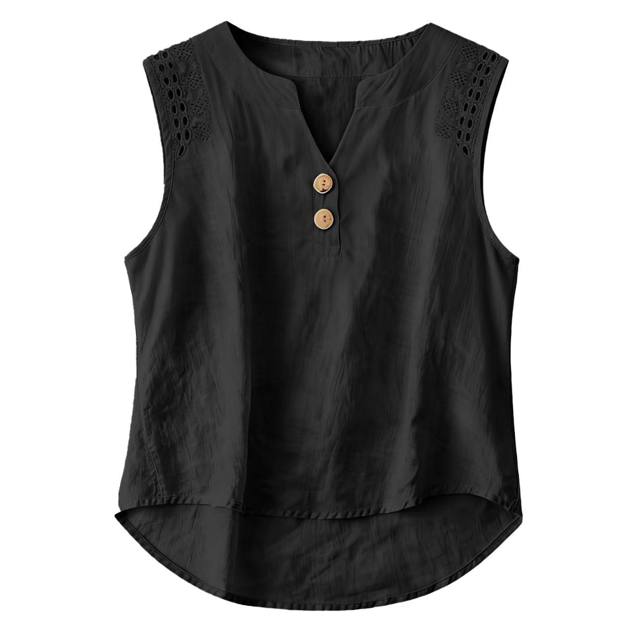 Solid-color V-neck Hollow-out Button Cotton-linen Short-sleeve Top Shirt