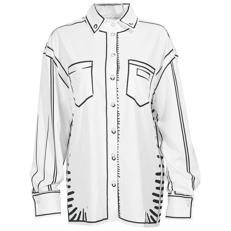Hand-painted Black And White Printing Color Contrast Shirt