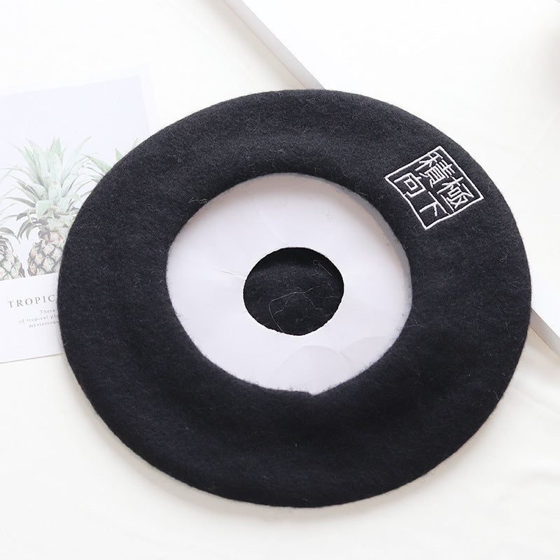 Stitched Ins Style Wool Knit Beret Women's Embroidered Hat