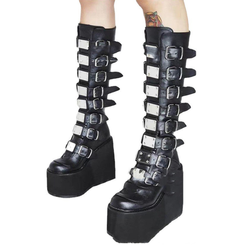 Metallic Belt Buckle Thick-soled High Boots Women