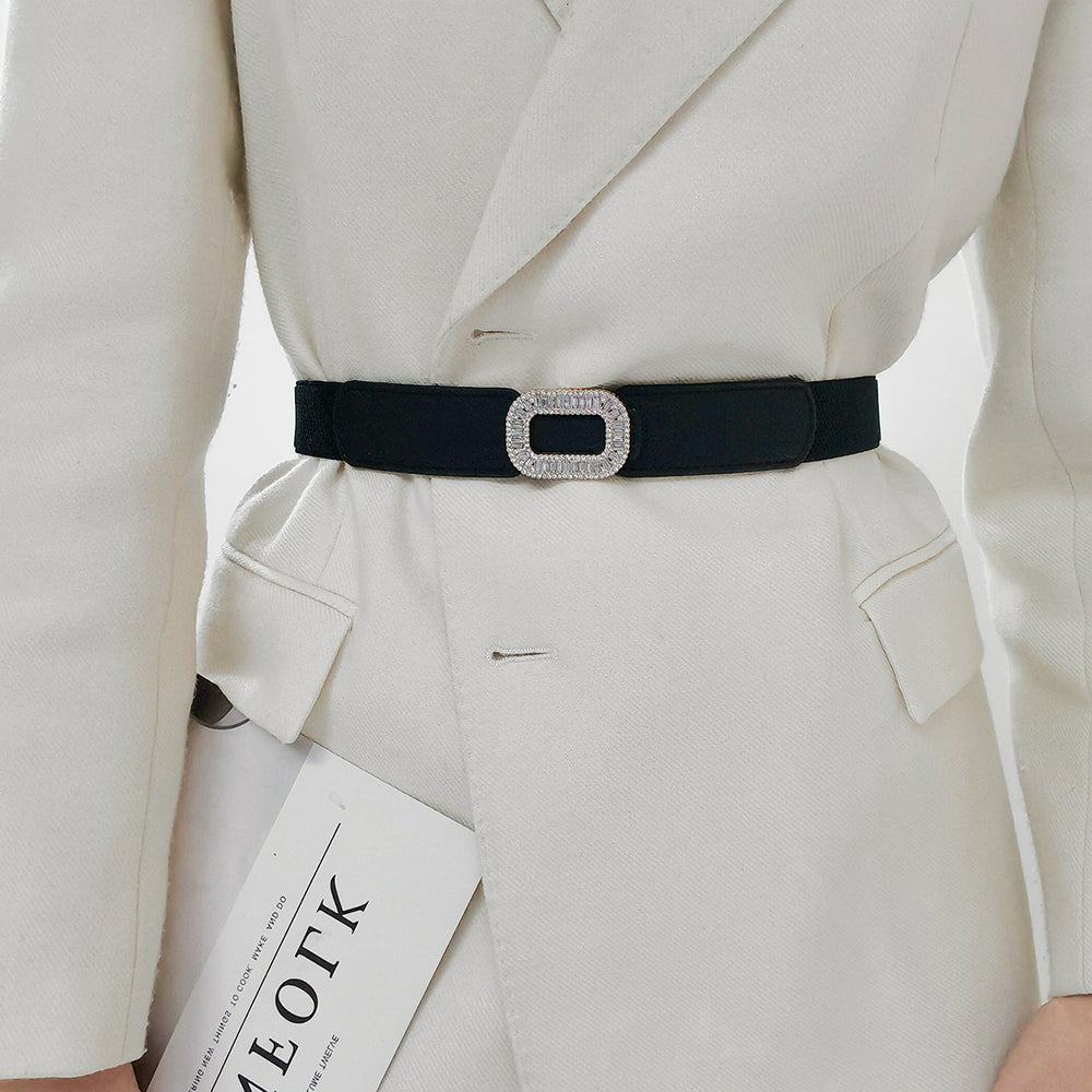 Rhinestone Inlaid Belt Women's Black  White All-in-one Elastic Simple Elastic Belt Cinched Waist Suit Coat Waist Decoration