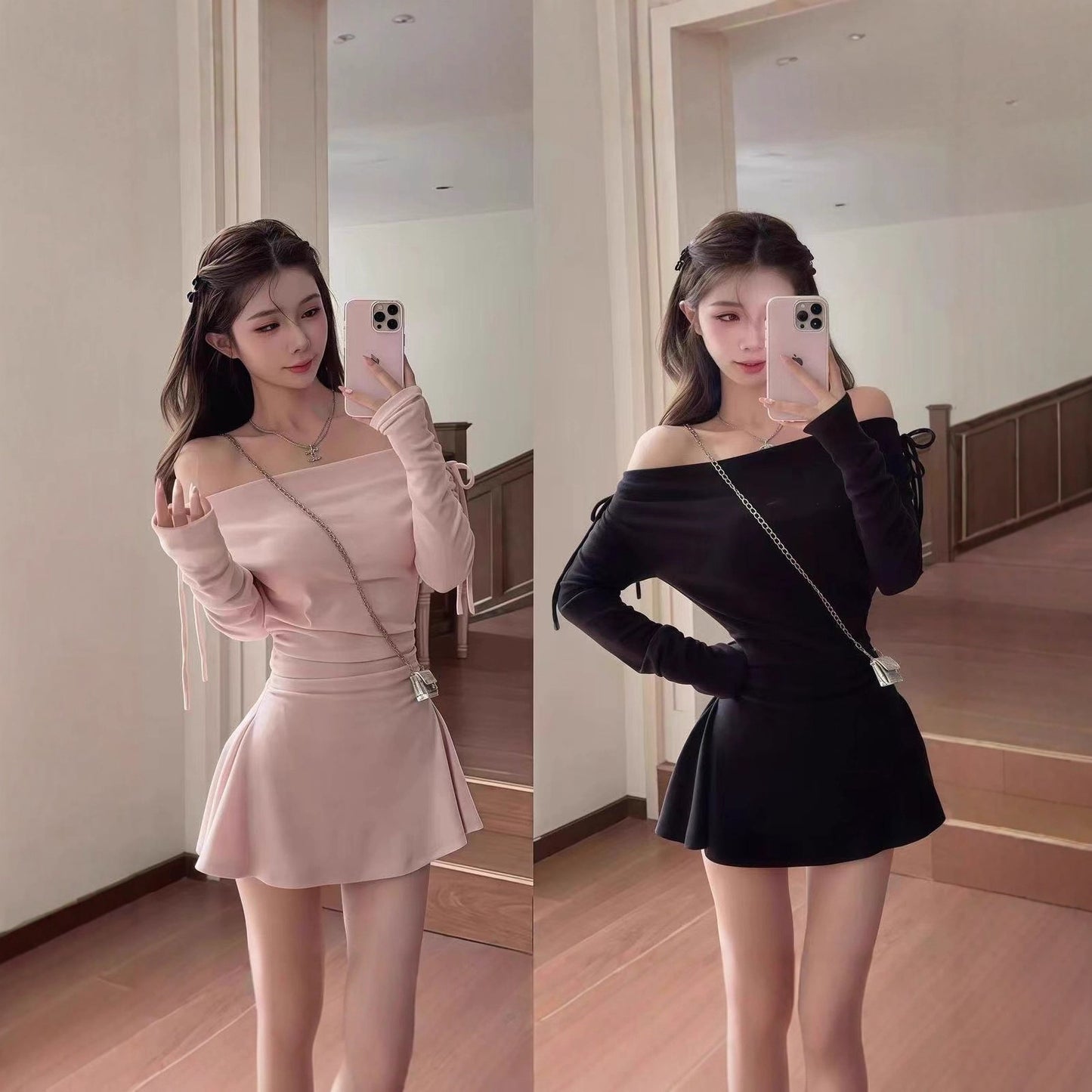 French-style Gentle Vacation Dress Black Velvet Slip Dress With A One-shoulder Neckline