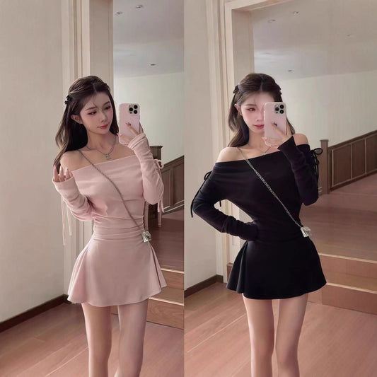 French-style Gentle Vacation Dress Black Velvet Slip Dress With A One-shoulder Neckline