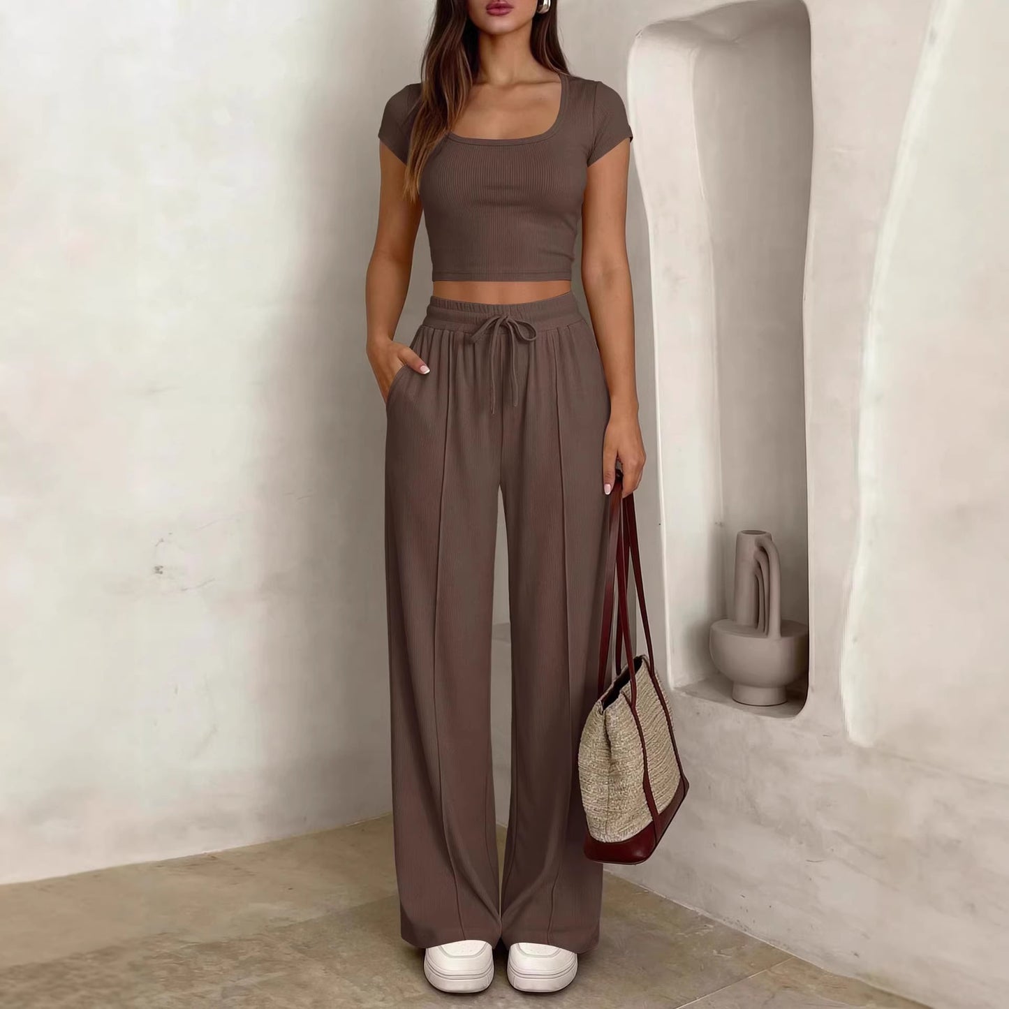 Y2K 2-piece Short-sleeve And Long-pants Set For Women