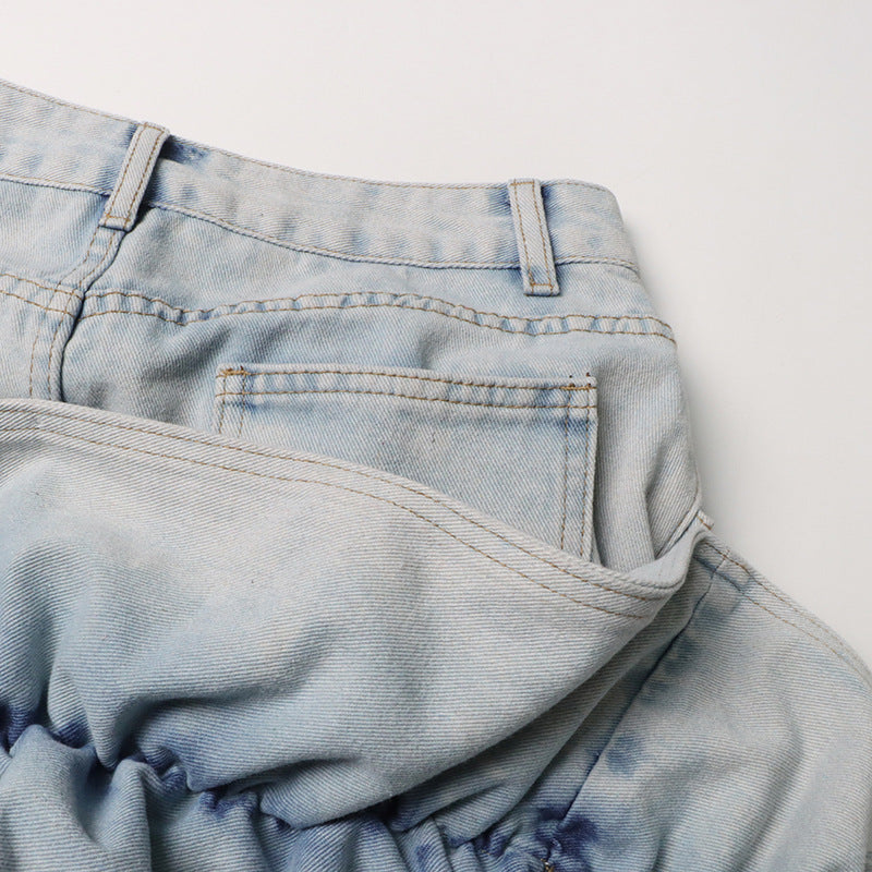 Patchwork Ruffled High Waist A- Line Denim Skirt Women