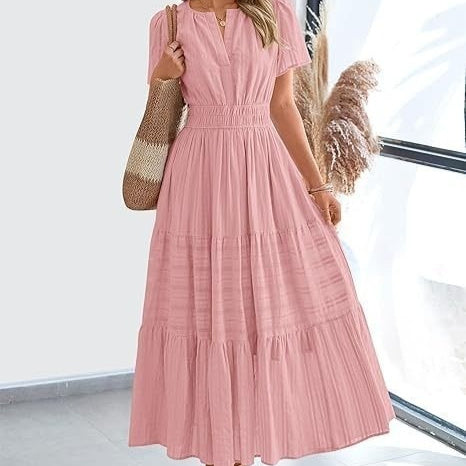 Vneck Pleated Puff Sleeve Layered Maxi Dress For Women