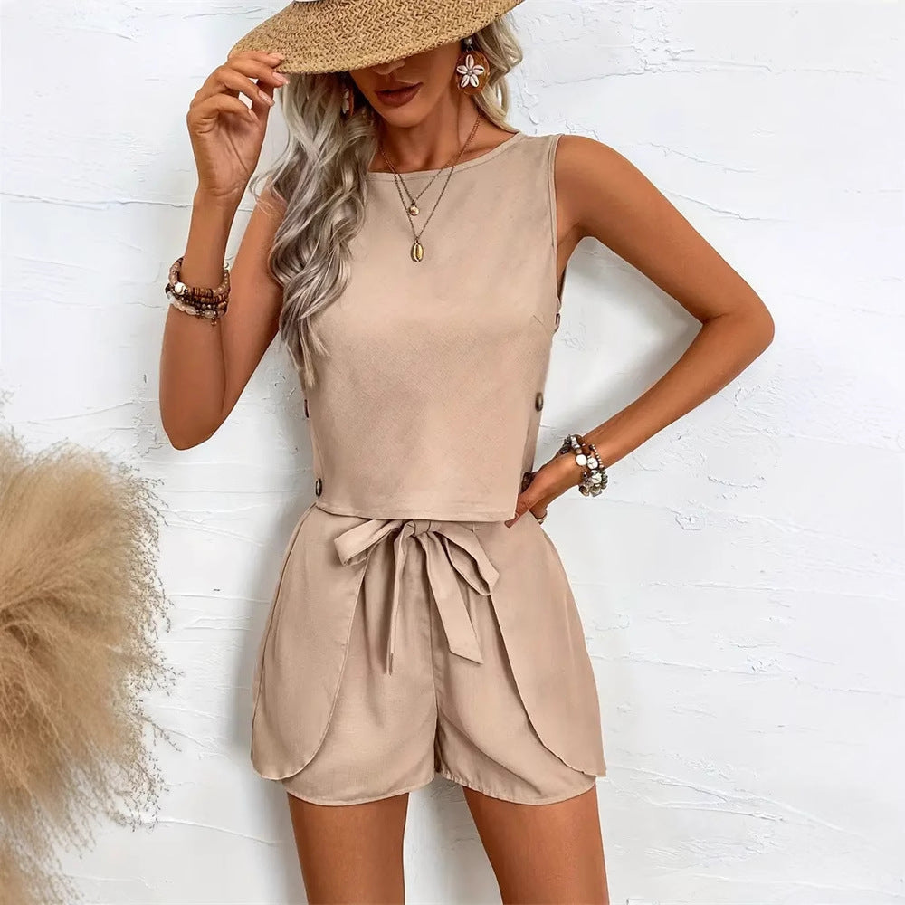 Womens Outerwear Two-Piece Set Solid-Color Button-Embellished Pants And Top For Women