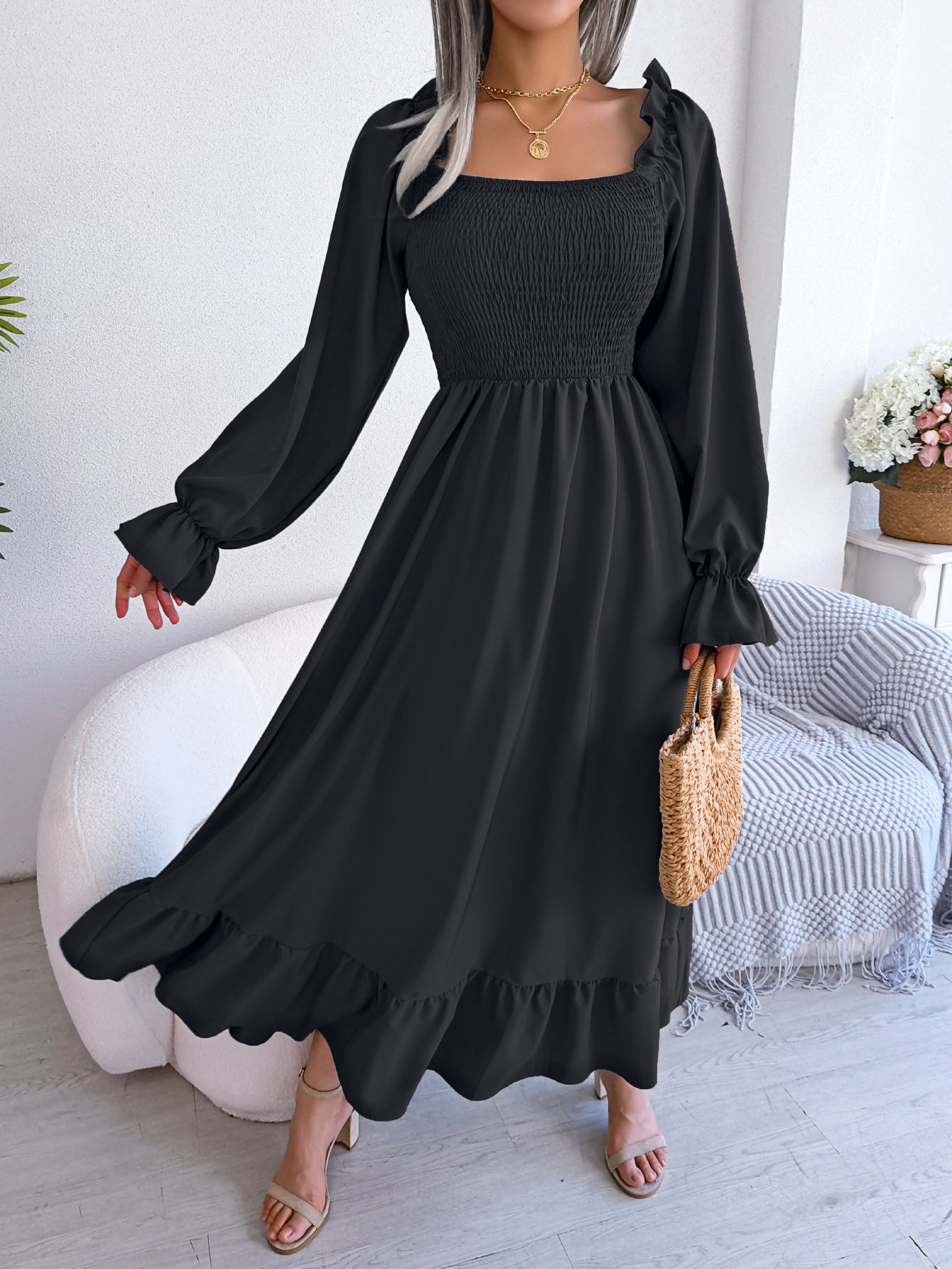 Women's Casual Square Neck Bell Sleeve Flowy Ruffle Maxi Dress