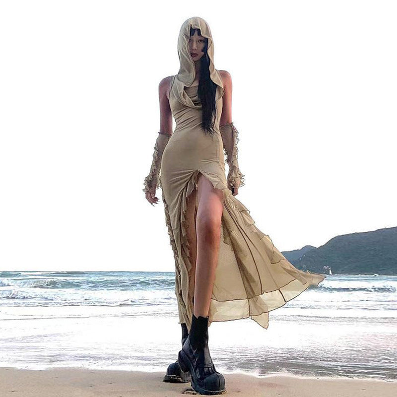 Sand Dune Waste Hat Pocket Design Solid Color Dress
