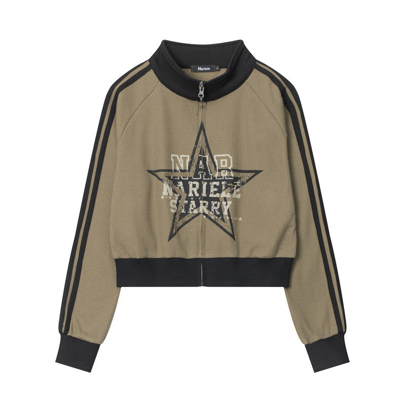 Five-pointed Star Pink American Retro Three-bar Sleeve Cardigan Stand Collar Sweater