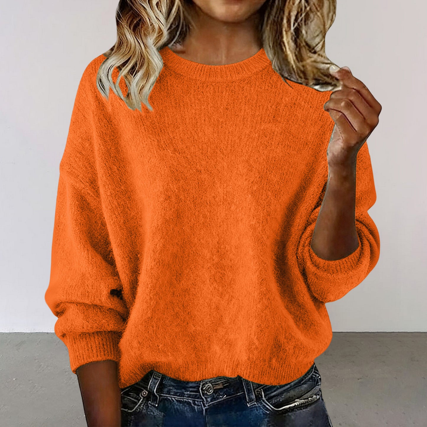 Fashionable Crew-neck Solid-color Sweater