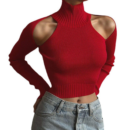 Street Style Personality High Neck Shoulder Cut Out Long Sleeve T-shirt Lady