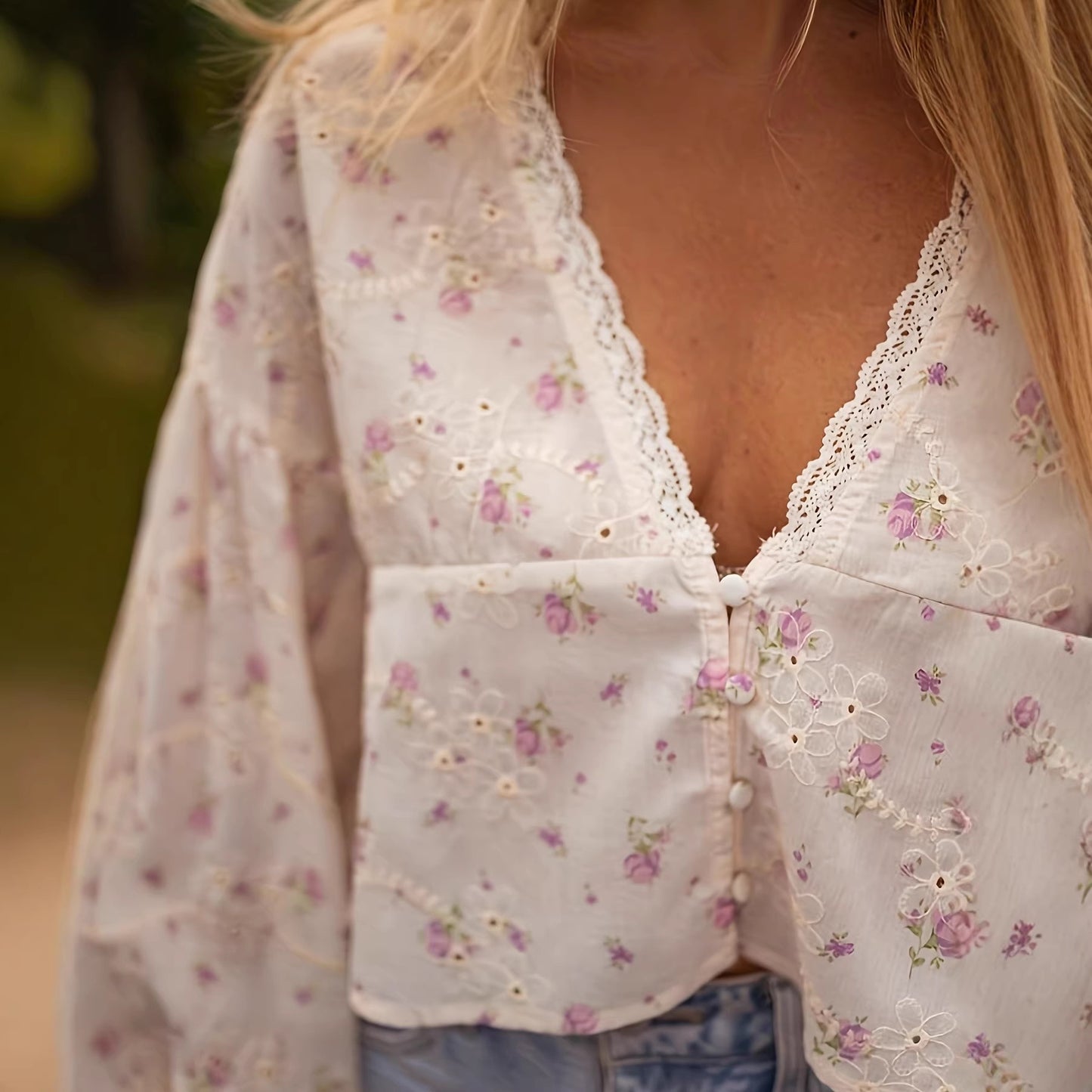 Embroidered Fabric Lantern Sleeves And A V-neck With Lace Detailinga Sophisticated Blouse