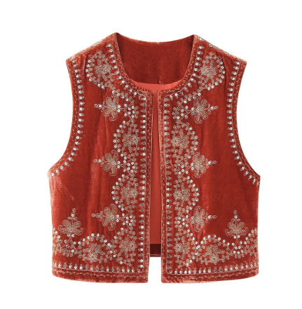 Euro-american Style Women's Retro Fashion Casual Embroidered Velvet Vest