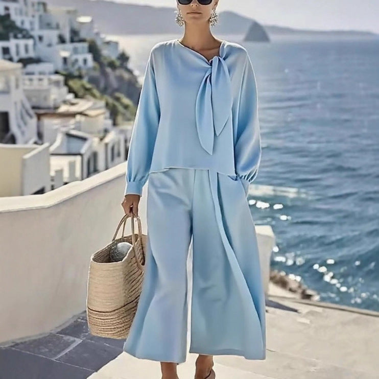 Women's Casual Solid Color Long Sleeve Top And Pants Two-Piece Set