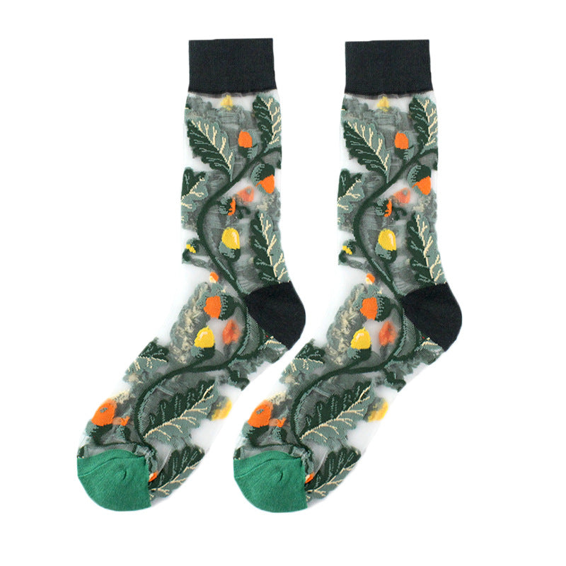 Thin Mid Tube Fashion Style Flower Forest Glass Stockings