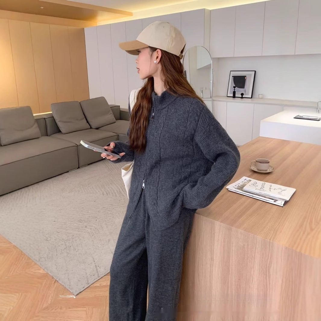 Double Zipper Sweater Set Women's Sweater Cardigan Coat Wide Leg Pants