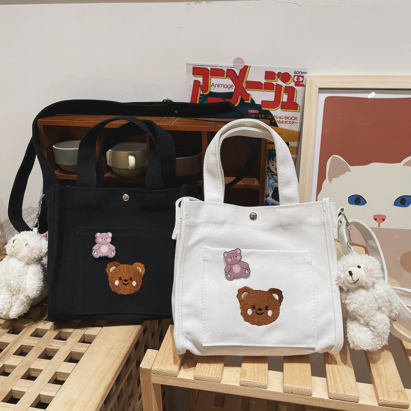 Cute And Funny Personality Embroidery Bear Soft Girl Canvas Messenger Bag