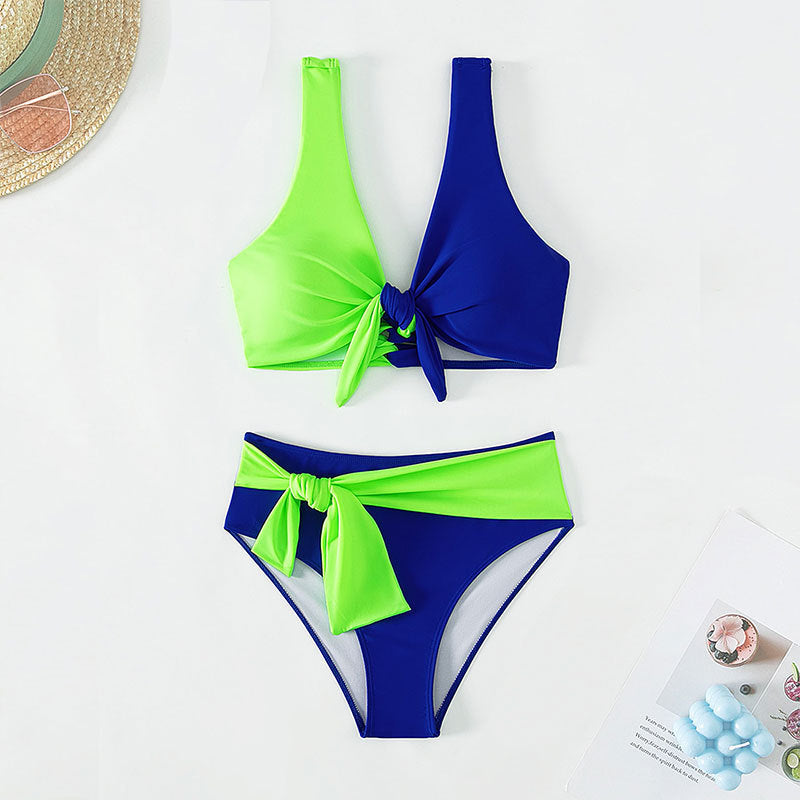 Womens Sexy Color-Block Two-Piece Swimsuit With Built-In Padded Bra And High Waist