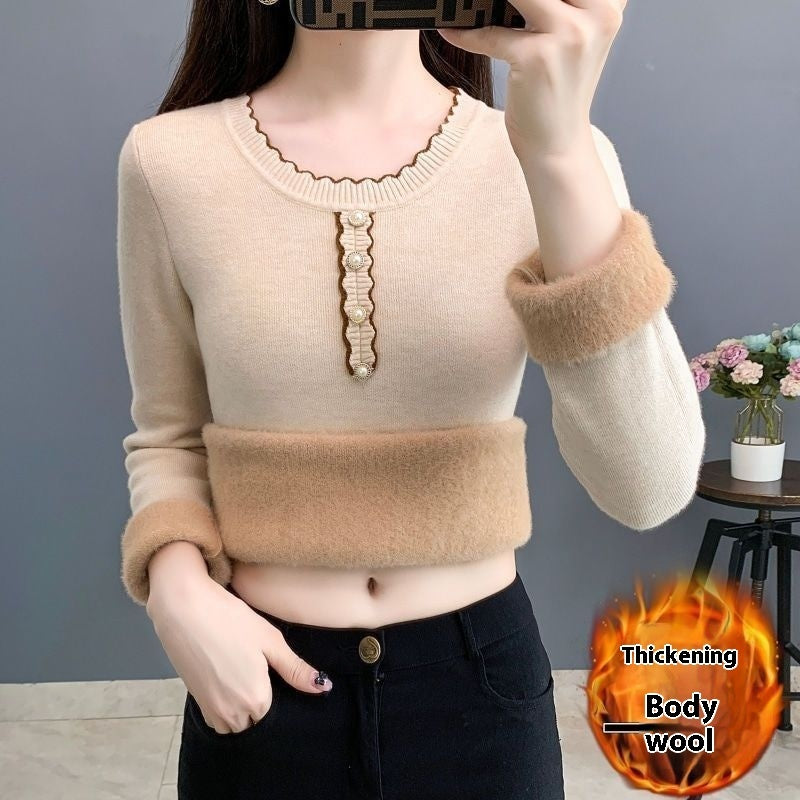 Fleece-lined Thickened Round Neck Sweater Women's Autumn And Winter Integration