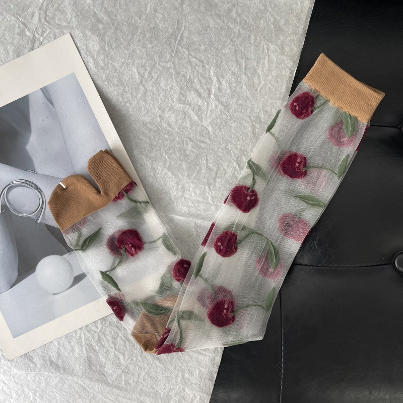 Cherry Jacquard Summer Cute Wild Thin Socks Stockings