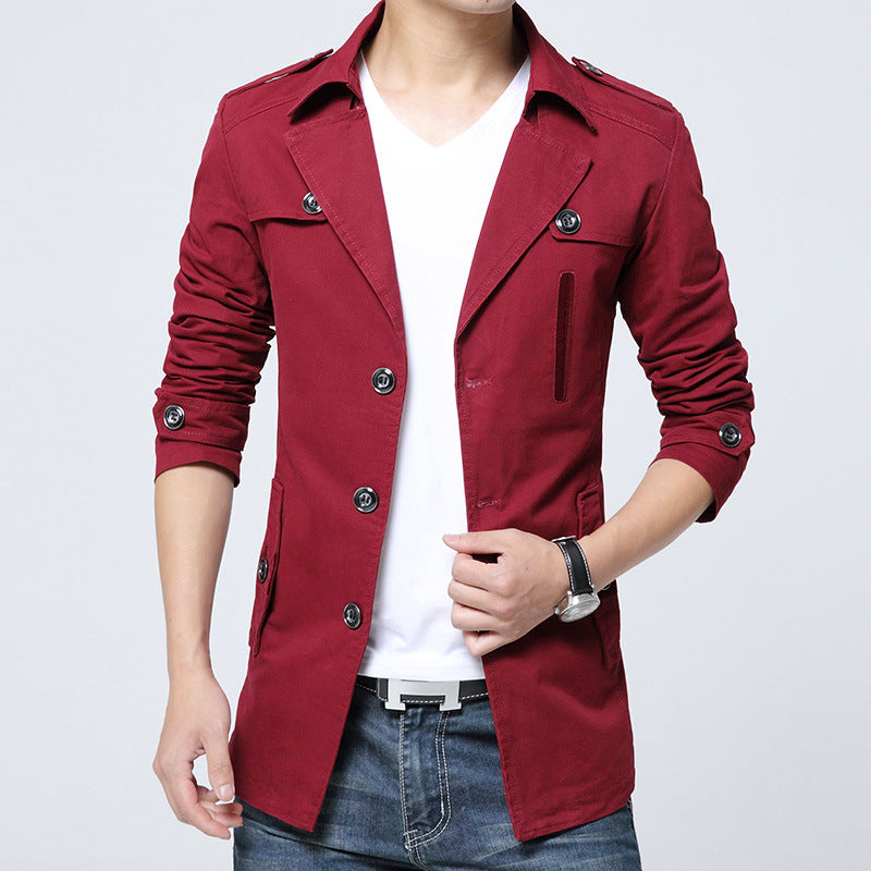 Cotton Washed Men's Trench Coat Mid-length Lapel Jacket
