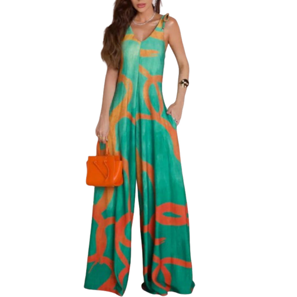 Printed V-neck Lace-up Jumpsuit Pocketed Vest-style Wide-leg Romper