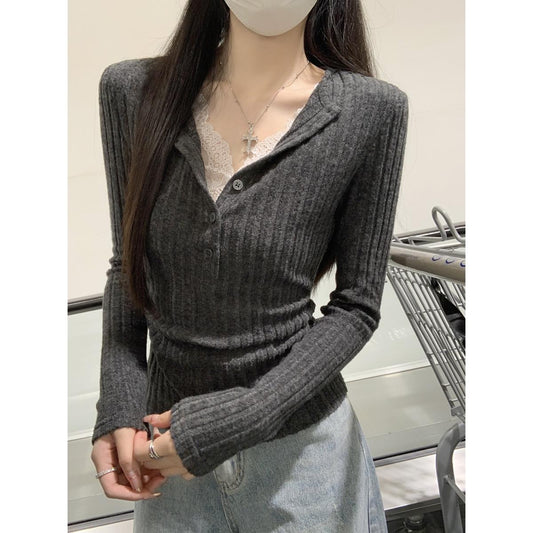 Button Half-open Collar Brushed Lace Patchwork Waist Pleated Top
