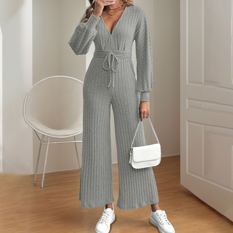 V-neck Lace-up Batwing Sleeve Solid Color Wide Leg Jumpsuit