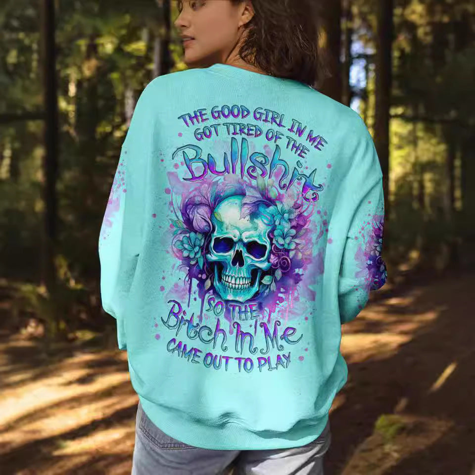 Women's Trendy Pullover Green Skull Hooded Sweater
