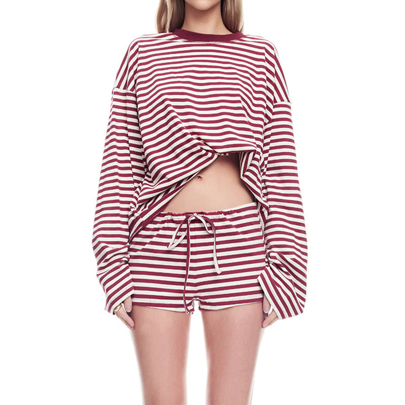Comfortable Relaxed Casual Striped Drawstring Shorts Set